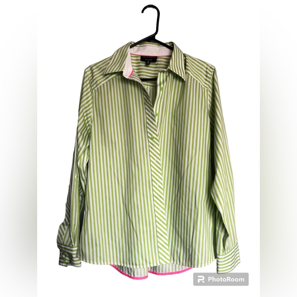 Foxcroft Long Sleeve Button Up Shirt Roll Tab Lime Green White Stripe Womens 10